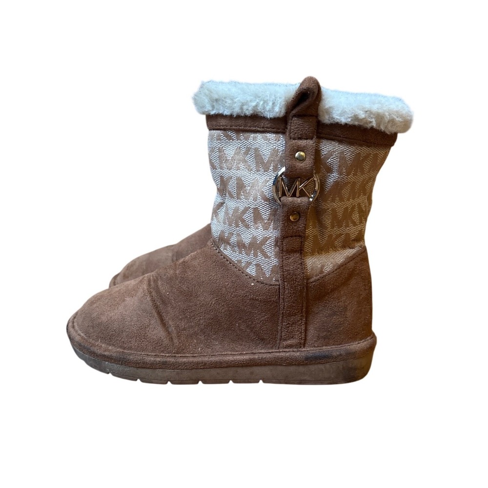 Michael Kors Winter Boots Kids Brown Monogram Faux Fur Logo SIZE 10